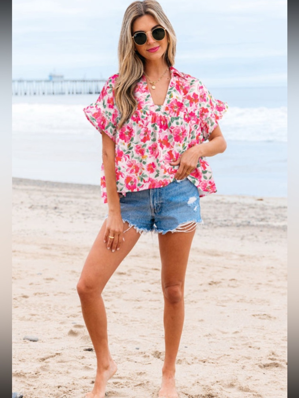 1218. Pink floral boxy fit ruffled short sleeve top - State Of Fashion